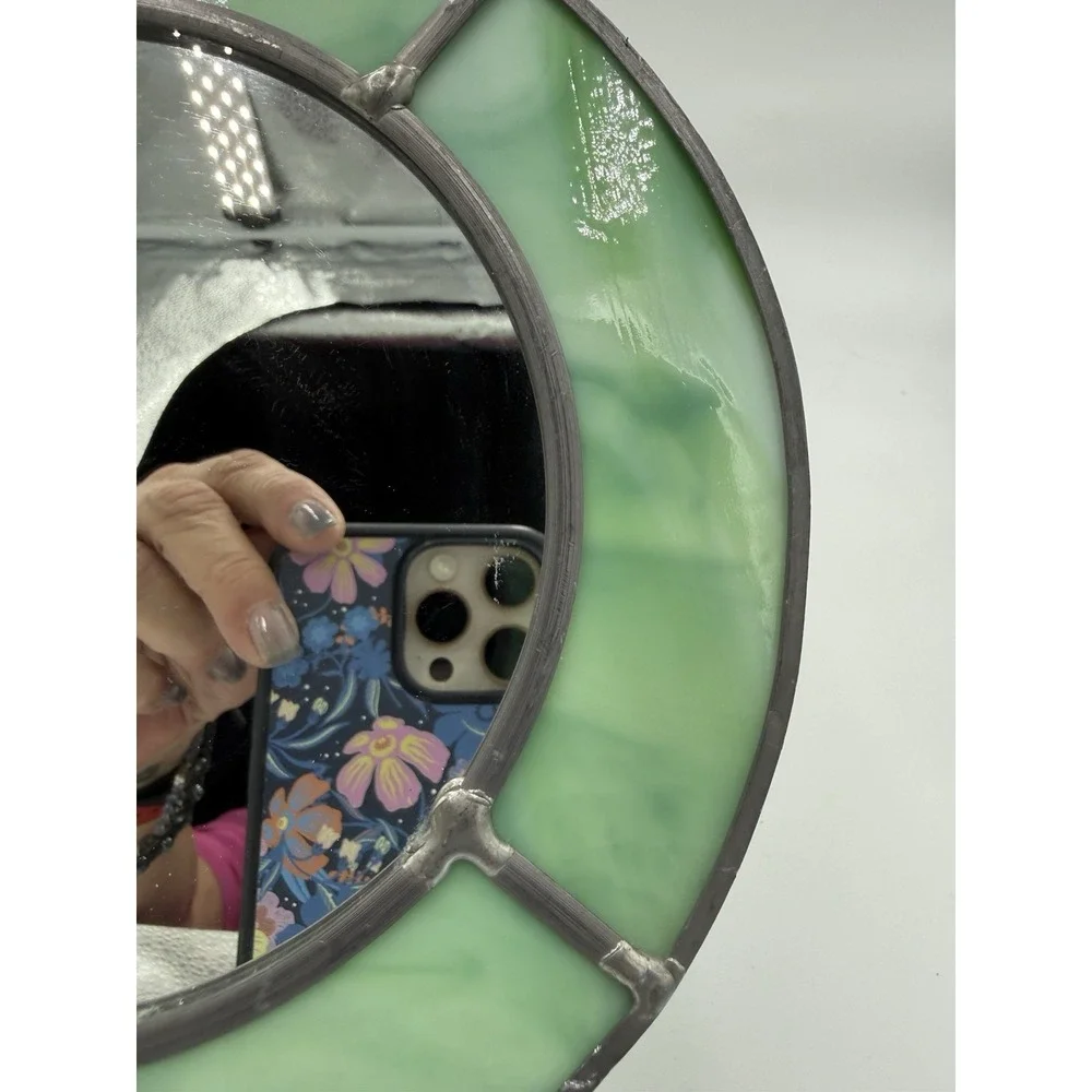 Round 8 in Green/Silver Framed Glass Accent Mirror, Tree‎ Theme,
